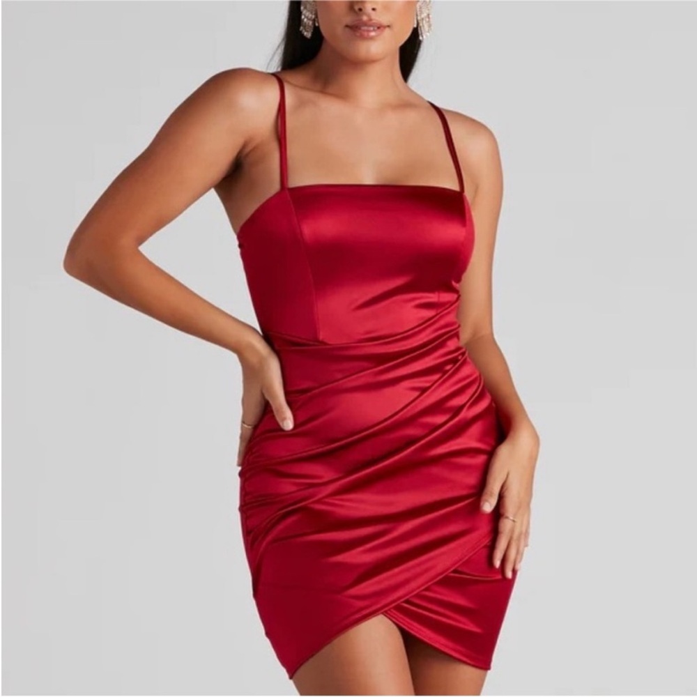 Red satin mini dress